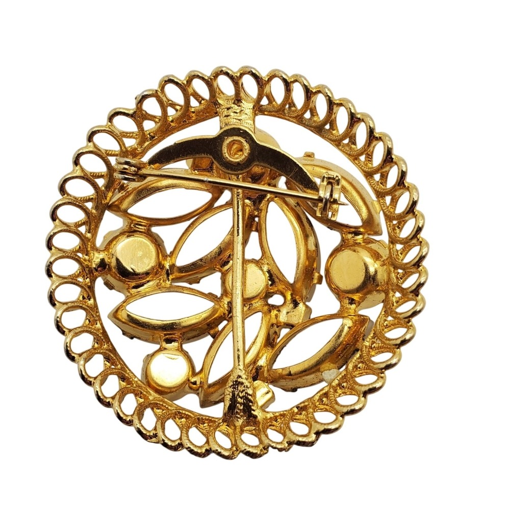 Satin Navette & AB Rhinestone Brooch Tan Gold Tone Filigree Pin Round Openwork - Picture 3 of 6